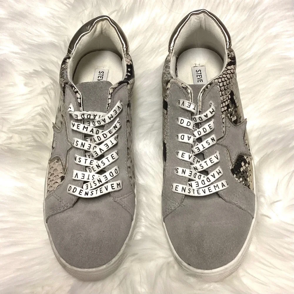 Steve Madden Amalfi Sneakers Grey‎ Suede Snakeskin Star Logo Laces Womens 9